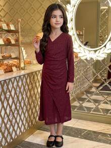 DAZY Tween Girl) V-Neck Pleated Asymmetric Long Dress, Autumn Dress - Burgundy - View 6