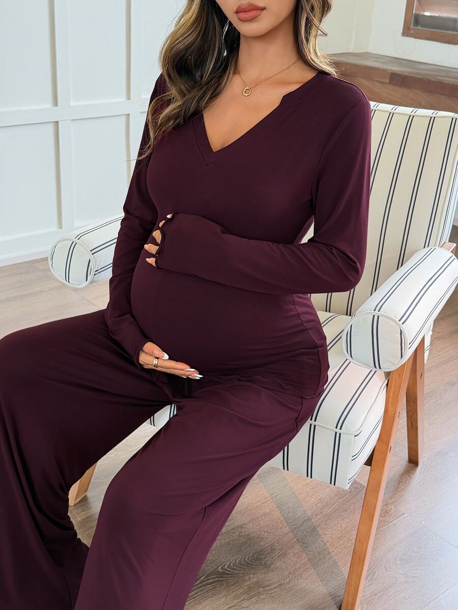 Dazy Maternity Solid Color V-Neck Long Sleeve T-Shirt And Straight Leg Pants Casual Loungewear Daily Spring Autumn Maternity 2 Pieces Set - Burgundy - View 1