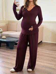 Dazy Maternity Solid Color V-Neck Long Sleeve T-Shirt And Straight Leg Pants Casual Loungewear Daily Spring Autumn Maternity 2 Pieces Set - Burgundy - View 7