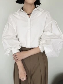 FRIFUL 女款落肩百褶燈籠袖寬鬆襯衫，秋季辦公穿搭，白色優雅風 - 白色 - 查看 7