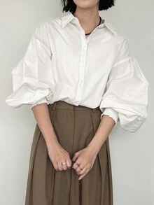 FRIFUL 女款落肩百褶燈籠袖寬鬆襯衫，秋季辦公穿搭，白色優雅風 - 白色 - 查看 5