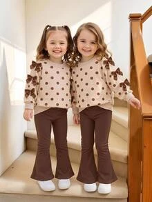 LMoss Kids طقم سويتشيرت خريفي بنقشة نقاط وفيونكة حلوة للبنات الصغيرات من قطعتين - متعدد الألوان - مشاهدة 1