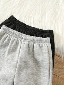 SHEIN 2pcs Baby Boy Solid Color Versatile Comfortable Elastic Waist Long Pants Set, All-Match Long Pants Multi-Pack, Infant Autumn/Winter Fleece Lined Long Pants - Multicolor - View 5