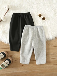 SHEIN 2pcs Baby Boy Solid Color Versatile Comfortable Elastic Waist Long Pants Set, All-Match Long Pants Multi-Pack, Infant Autumn/Winter Fleece Lined Long Pants - Multicolor - View 2
