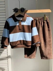 Baby Boys Colorblock Long Sleeve Polo Shirt And Autumn Winter Pants Set - Coffee Brown - View 7