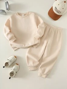 SHEIN 兒童小男孩 2件組秋冬保暖內裡加厚休閒時尚背後印花運動衫套裝，幼兒冬季服飾/套裝，運動服 - 藍色 - 查看 2