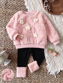 SHEIN Kids Infant Girls Cute Fluffy Pink Floral Sweatshirt & Elastic Waist Long Autumn Pants Set - Pink - View 3
