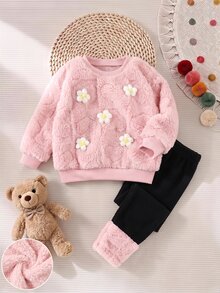 SHEIN Kids Infant Girls Cute Fluffy Pink Floral Sweatshirt & Elastic Waist Long Autumn Pants Set - Pink - View 8