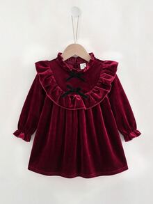 SHEIN 女嬰可愛秋冬天鵝絨蝴蝶結酒紅色荷葉邊洋裝 - 酒紅色 - 查看 2