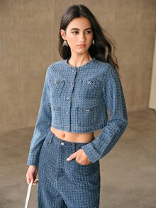 Anewsta Women's Multi-Pocket Design Long Sleeve Crochet Rhinestone Denim Top - Blue - View 5