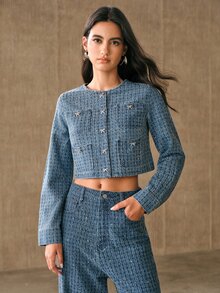 Anewsta Women's Multi-Pocket Design Long Sleeve Crochet Rhinestone Denim Top - Blue - View 3