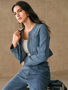 Anewsta Women's Multi-Pocket Design Long Sleeve Crochet Rhinestone Denim Top - Blue - View 6
