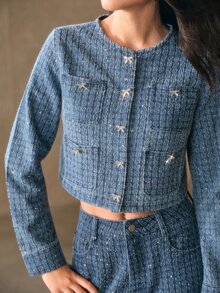 Anewsta Women's Multi-Pocket Design Long Sleeve Crochet Rhinestone Denim Top - Blue - View 1