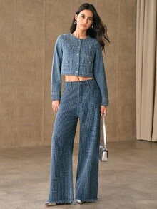 Anewsta Women's Multi-Pocket Design Long Sleeve Crochet Rhinestone Denim Top - Blue - View 4