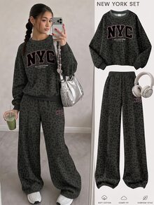 SHEIN 青少年女孩深灰色豹紋圓領運動衫與寬腿運動褲兩件套，胸前字母印花，休閒運動穿搭，適合日常穿著、運動、好友聚會，四季皆宜 - 黑色 - 查看 2