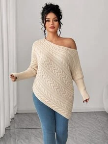 Elenzga Plus Size Autumn/Winter Off-Shoulder Pullover Sweater With Asymmetrical Cable Knit, Loose Fit, Slenderizing, Asymmetrical Hem, Solid Color Casual Top - Beige - View 4