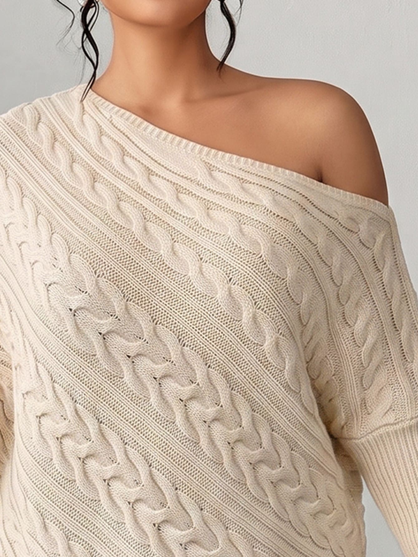 Elenzga Plus Size Autumn/Winter Off-Shoulder Pullover Sweater With Asymmetrical Cable Knit, Loose Fit, Slenderizing, Asymmetrical Hem, Solid Color Casual Top
