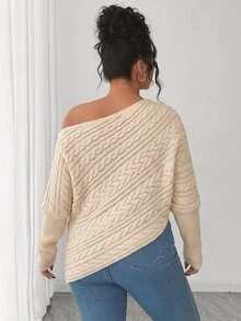 Elenzga Plus Size Autumn/Winter Off-Shoulder Pullover Sweater With Asymmetrical Cable Knit, Loose Fit, Slenderizing, Asymmetrical Hem, Solid Color Casual Top - Beige - View 3