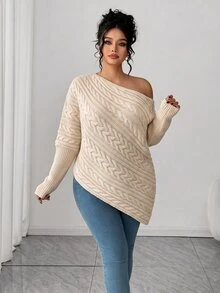 Elenzga Plus Size Autumn/Winter Off-Shoulder Pullover Sweater With Asymmetrical Cable Knit, Loose Fit, Slenderizing, Asymmetrical Hem, Solid Color Casual Top - Beige - View 6