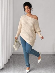 Elenzga Plus Size Autumn/Winter Off-Shoulder Pullover Sweater With Asymmetrical Cable Knit, Loose Fit, Slenderizing, Asymmetrical Hem, Solid Color Casual Top - Beige - View 5
