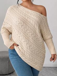 Elenzga Plus Size Autumn/Winter Off-Shoulder Pullover Sweater With Asymmetrical Cable Knit, Loose Fit, Slenderizing, Asymmetrical Hem, Solid Color Casual Top - Beige - View 7
