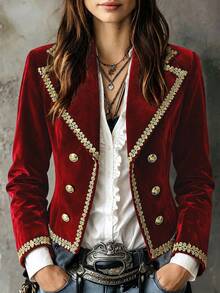 Nubod Plus Size Women Burgundy Double-Breasted Metal Button Lapel Long Sleeve Vest Jacket Fall - Burgundy - View 1