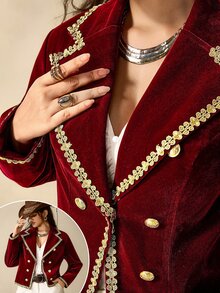 Nubod Plus Size Women Burgundy Double-Breasted Metal Button Lapel Long Sleeve Vest Jacket Fall - Burgundy - View 10