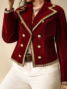 Nubod Plus Size Women Burgundy Double-Breasted Metal Button Lapel Long Sleeve Vest Jacket Fall - Burgundy - View 8