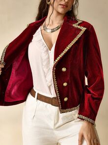 Nubod Plus Size Women Burgundy Double-Breasted Metal Button Lapel Long Sleeve Vest Jacket Fall - Burgundy - View 9