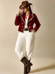 Nubod Plus Size Women Burgundy Double-Breasted Metal Button Lapel Long Sleeve Vest Jacket Fall - Burgundy - View 7