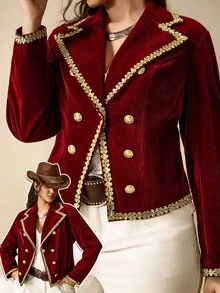Nubod Plus Size Women Burgundy Double-Breasted Metal Button Lapel Long Sleeve Vest Jacket Fall - Burgundy - View 3