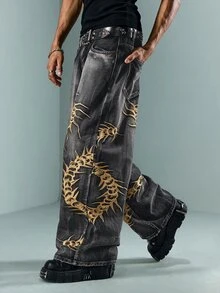 ROMWE MEN Casual Plus Size Men's Animal Thorn Avant-Garde Hip Hop Denim Jeans - Bronze - View 6