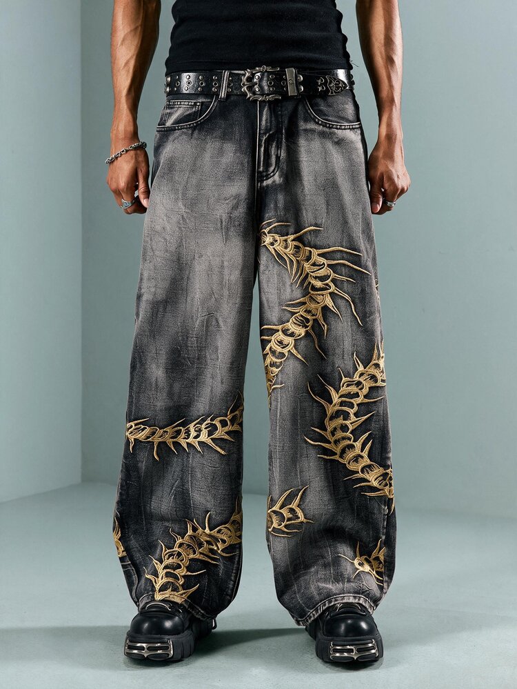 ROMWE MEN Casual Plus Size Men's Animal Thorn Avant-Garde Hip Hop Denim Jeans - Bronze - View 4
