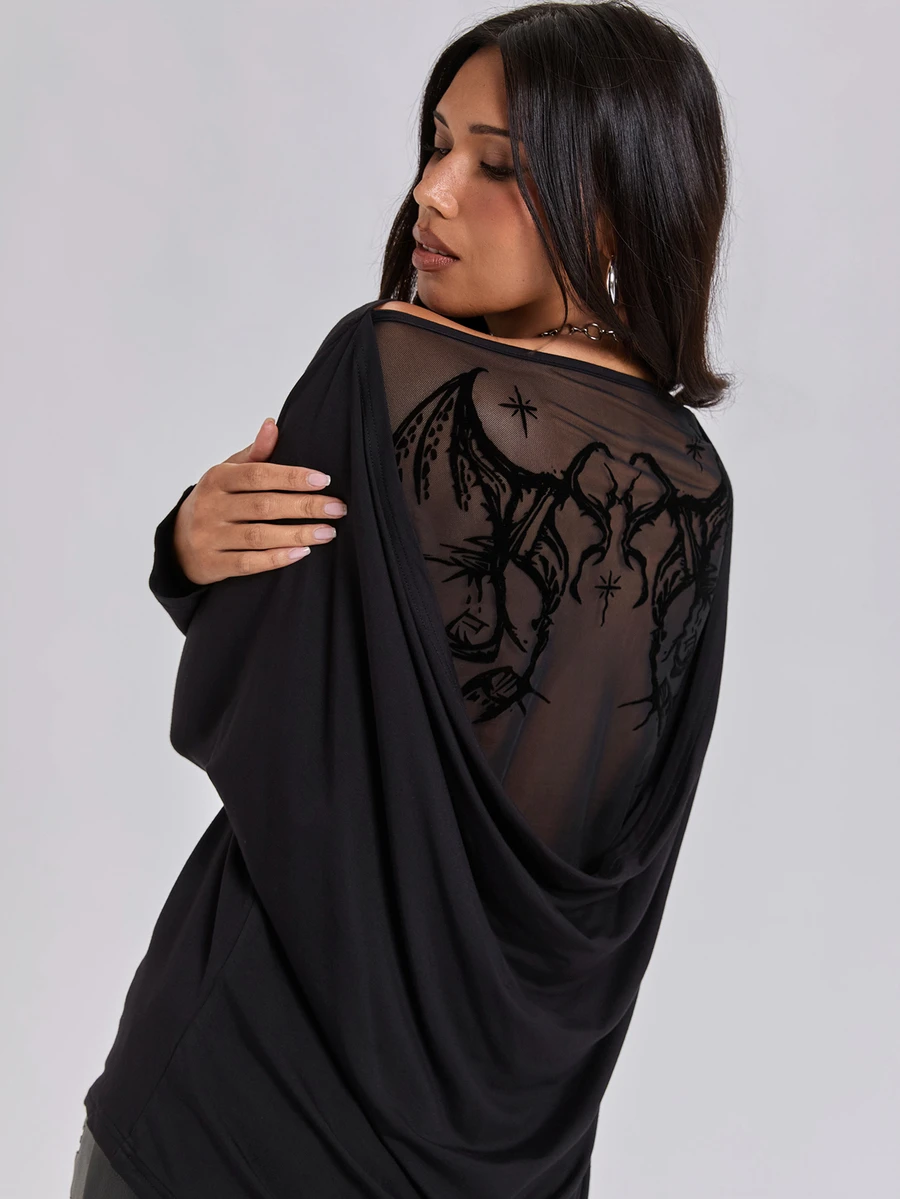 ROMWE Autumn/Winter Sexy Y2K Cowl Neck Backless Flocked Print Loose Fit Women's T-Shirt - Black - View 1