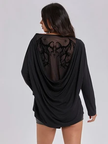 ROMWE Autumn/Winter Sexy Y2K Cowl Neck Backless Flocked Print Loose Fit Women's T-Shirt - Black - View 2