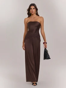 SHEIN Tall Women's Bandeau Backless Lace Trim Top & Wide Leg Pants 2 Pieces Set - Brown - View 5