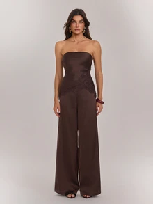 SHEIN Tall Women's Bandeau Backless Lace Trim Top & Wide Leg Pants 2 Pieces Set - Brown - View 3
