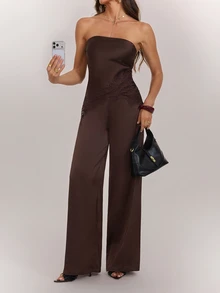 SHEIN Tall Women's Bandeau Backless Lace Trim Top & Wide Leg Pants 2 Pieces Set - Brown - View 8