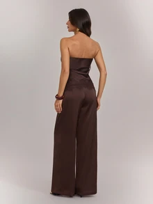 SHEIN Tall Women's Bandeau Backless Lace Trim Top & Wide Leg Pants 2 Pieces Set - Brown - View 2