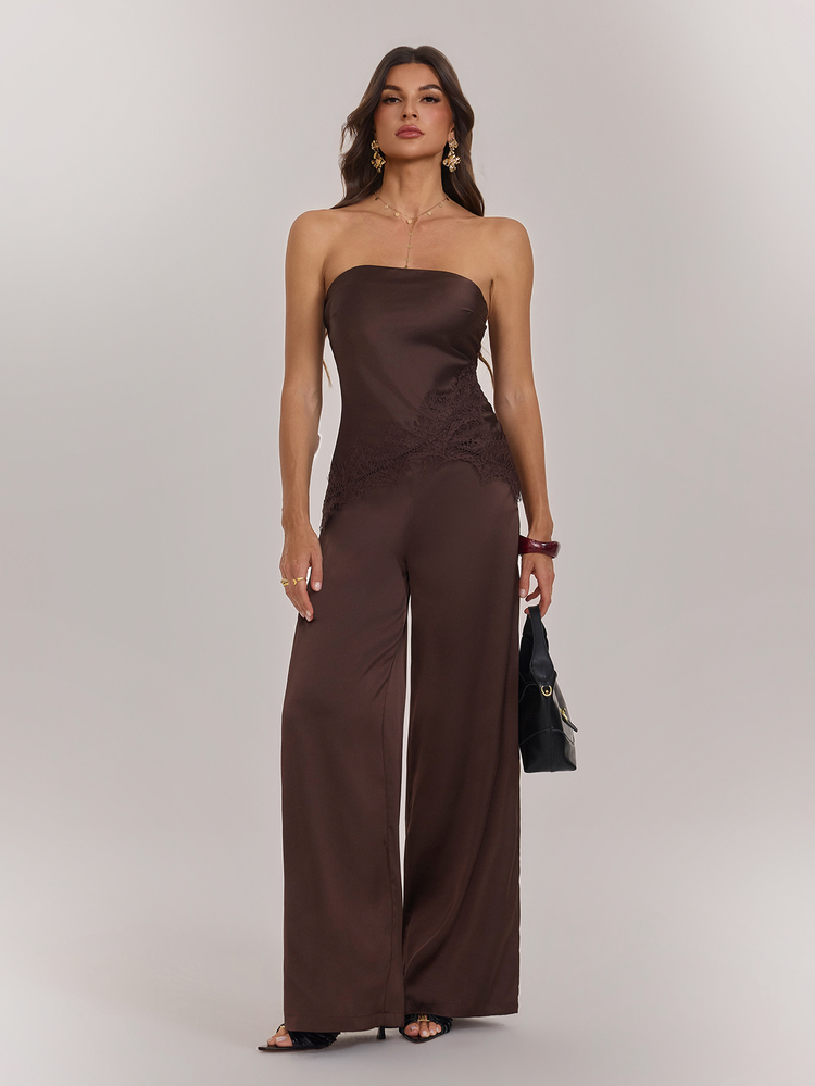 SHEIN Tall 女款平口露背蕾絲飾邊上衣與寬腿褲兩件套 - 棕色 - 查看 1