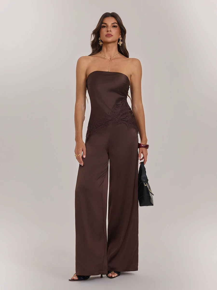 SHEIN Tall Women's Bandeau Backless Lace Trim Top & Wide Leg Pants 2 Pieces Set - Brown - View 1