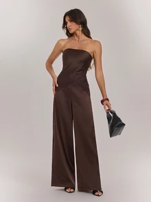 SHEIN Tall Women's Bandeau Backless Lace Trim Top & Wide Leg Pants 2 Pieces Set - Brown - View 4