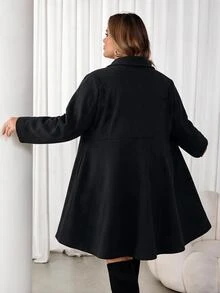 SHEIN CURVE+ Plus Size Women's Solid Color Lapel Neck Double-Breasted Long Sleeve Overcoat Winter - Black - View 2
