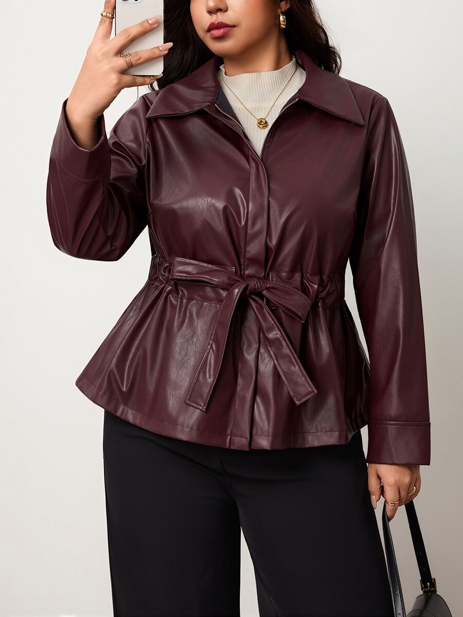 Truni Jaket Kulit Wanita Ukuran Besar untuk Musim Gugur dan Musim Dingin, Model Pas Badan Bentuk Buah Pir dan Segitiga - Rust Brown - View 1