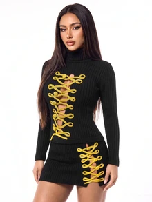 SHEIN ICON Women's French Chic Contrast Color Ribbon Long Sleeve Sweater - Black - View 4