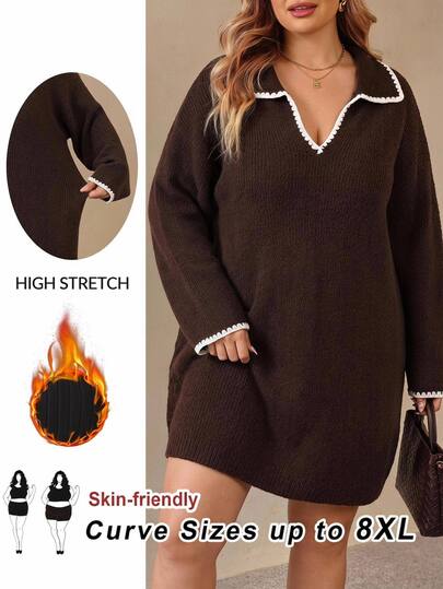 SHEIN CURVE+ فستان نسائي كاجوال مقاسات كبيرة بتصميم كتل لونية محبوك (ياقة V/ياقة مطوية) – جديد للخريف/الشتاء؛ مناسب للعمل والاسترخاء والكريسماس