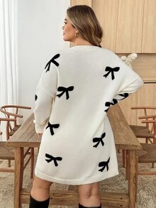 SHEIN CURVE+ Plus Size Women's Bow Pattern Round Neck Drop Shoulder Long Sleeve Casual Knit Dress, Autumn/Winter Bow Dress - White - View 3