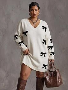 SHEIN CURVE+ Plus Size Women's Bow Pattern Round Neck Drop Shoulder Long Sleeve Casual Knit Dress, Autumn/Winter Bow Dress - White - View 1