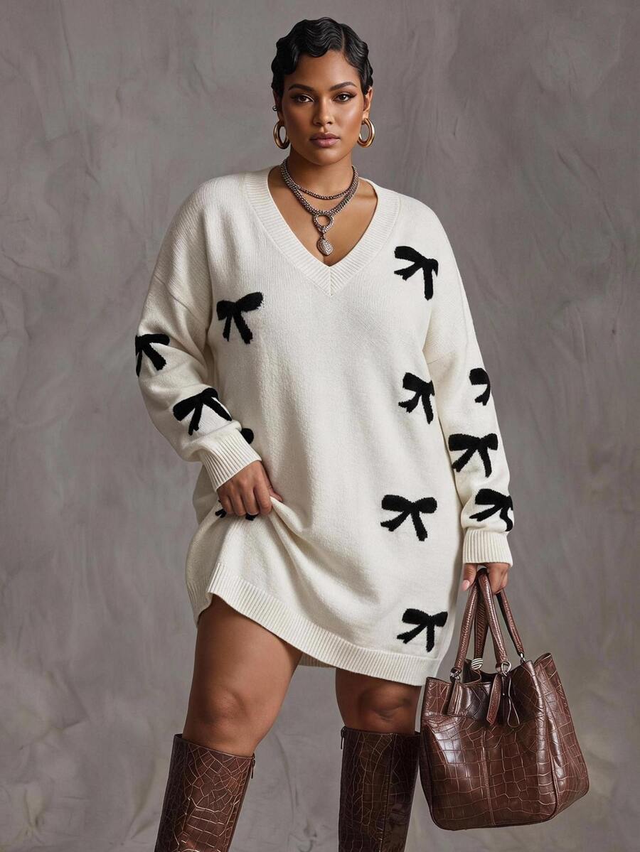 SHEIN CURVE+ Plus Size Women's Bow Pattern Round Neck Drop Shoulder Long Sleeve Casual Knit Dress, Autumn/Winter Bow Dress - White - View 1