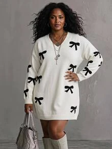 SHEIN CURVE+ Plus Size Women's Bow Pattern Round Neck Drop Shoulder Long Sleeve Casual Knit Dress, Autumn/Winter Bow Dress - White - View 2